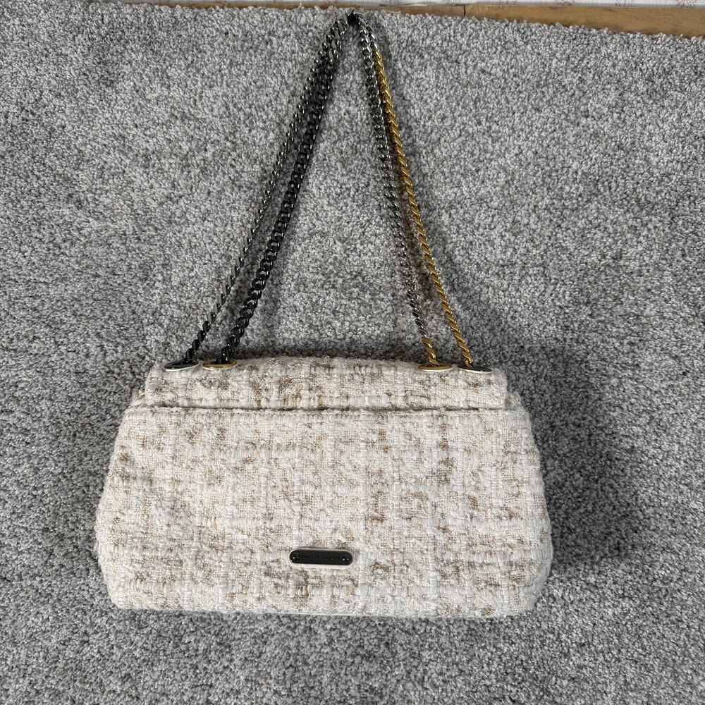 Rebecca Minkoff Shoulder Bag Womens Medium Beige Tweed Chain Strap Mixed Metal